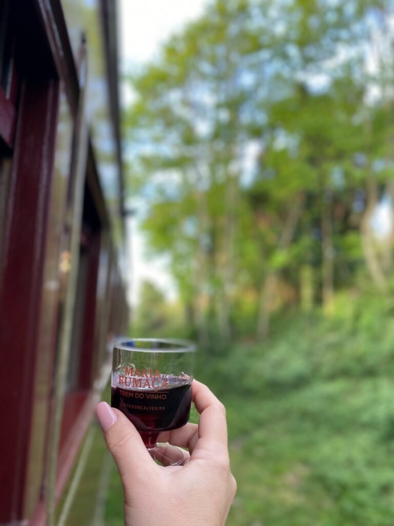 Taça de vinho servida a bordo do Trem do Vinho, na Serra Gaúcha