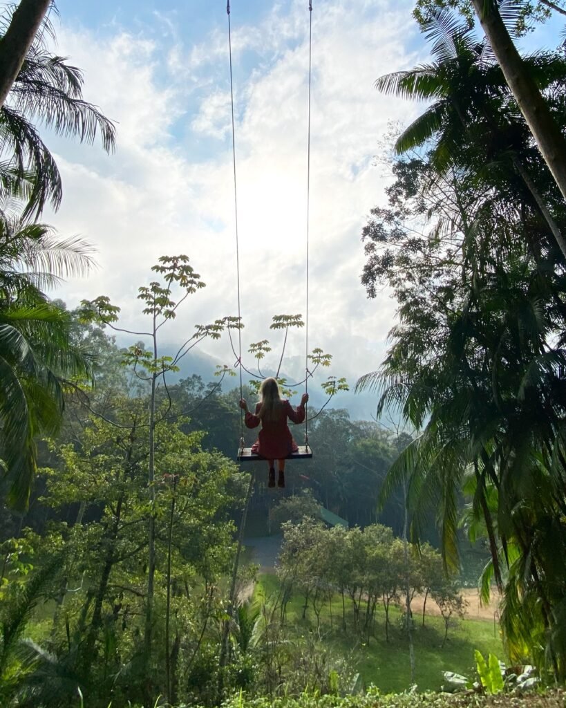 Visitante de costas em um balanço alto entre palmeiras e mata, no Hotel Fazenda Pommernland, em Pomerode (SC)