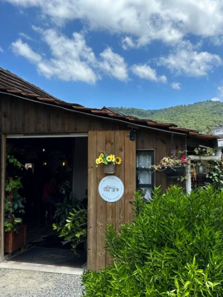 Casa enxaimel cercada de vegetação, em Pomerode (SC)